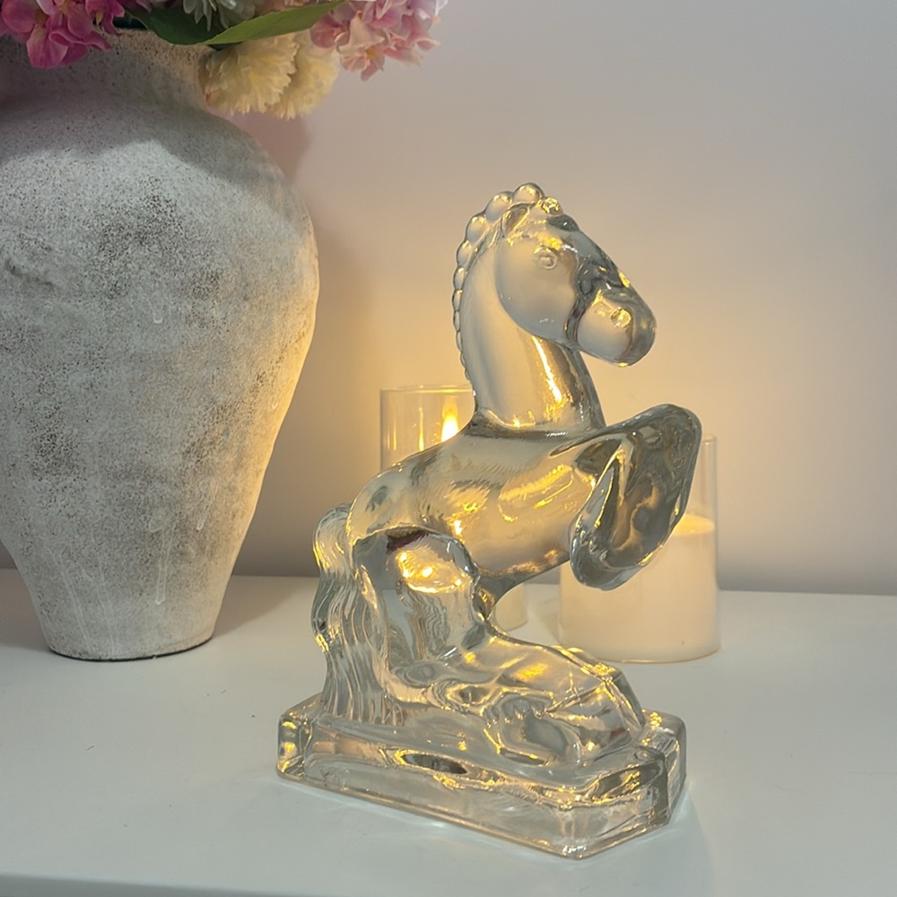 Vintage LE Smith Glass Clear Rearing Horse Single Bookend
